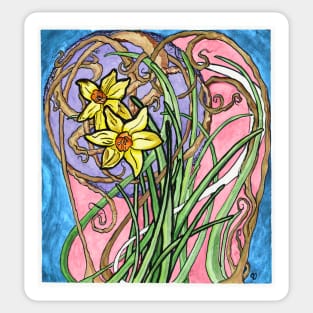 Two Daffodils and Branches Painting in Art Nouveau Style, Pastel Colors Sticker